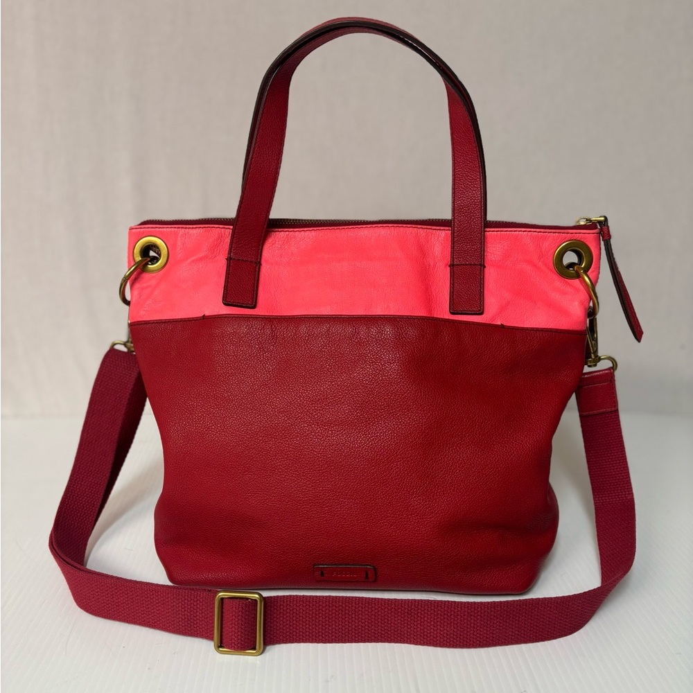 Fossil Keely Leather Color Block Red / Pink Tote, CrossBody Bag.